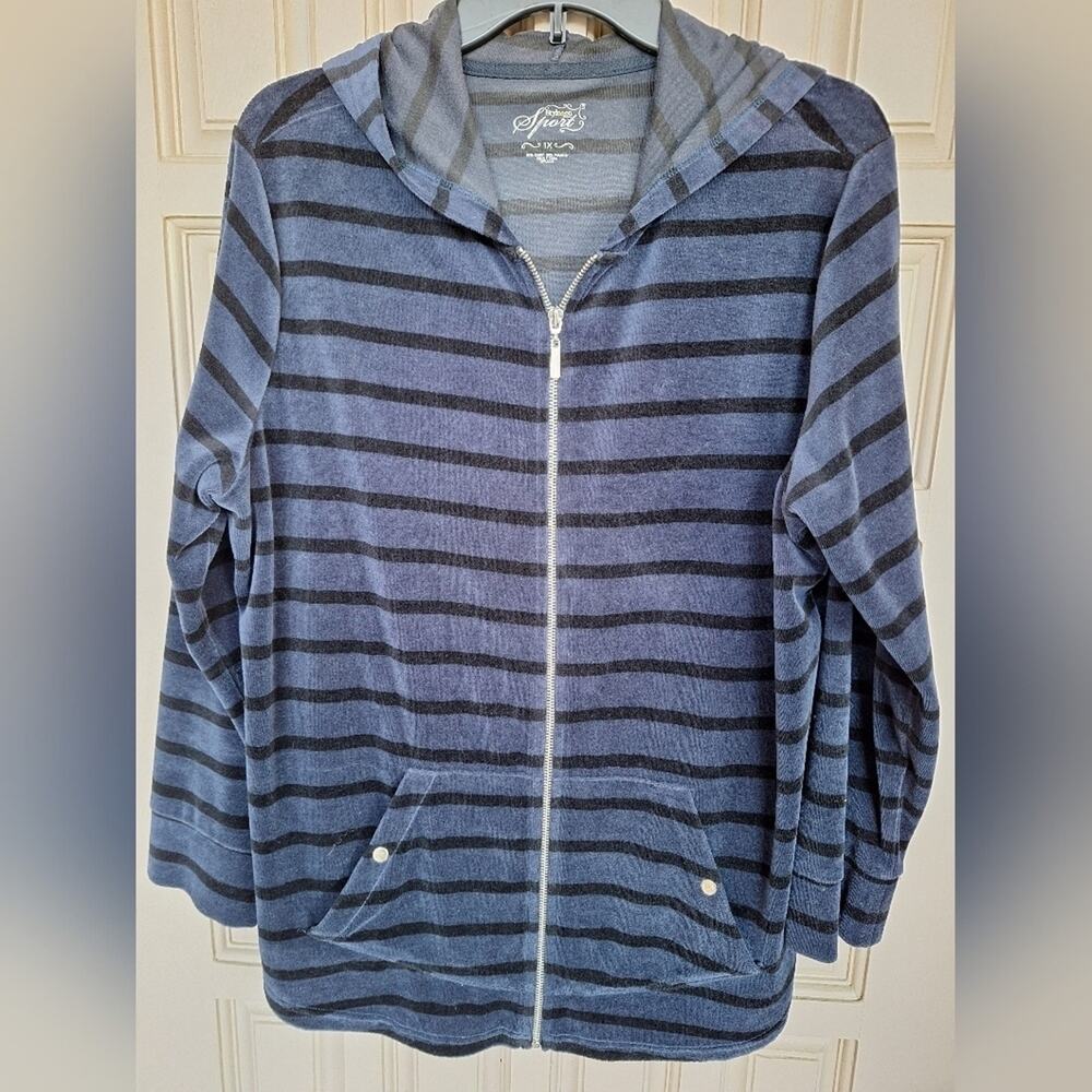 Style & Co Velour Hoodie Plus Sz1X Stripes Blue/Black Long Sleeves Curved Hem